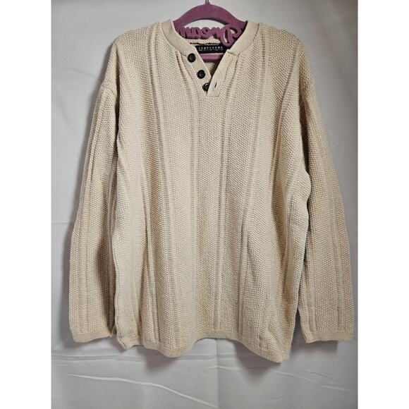 Structure Sweater Mens Ramie Cotton Beige Textured Heavy Knit Henley Size M - Picture 1 of 12
